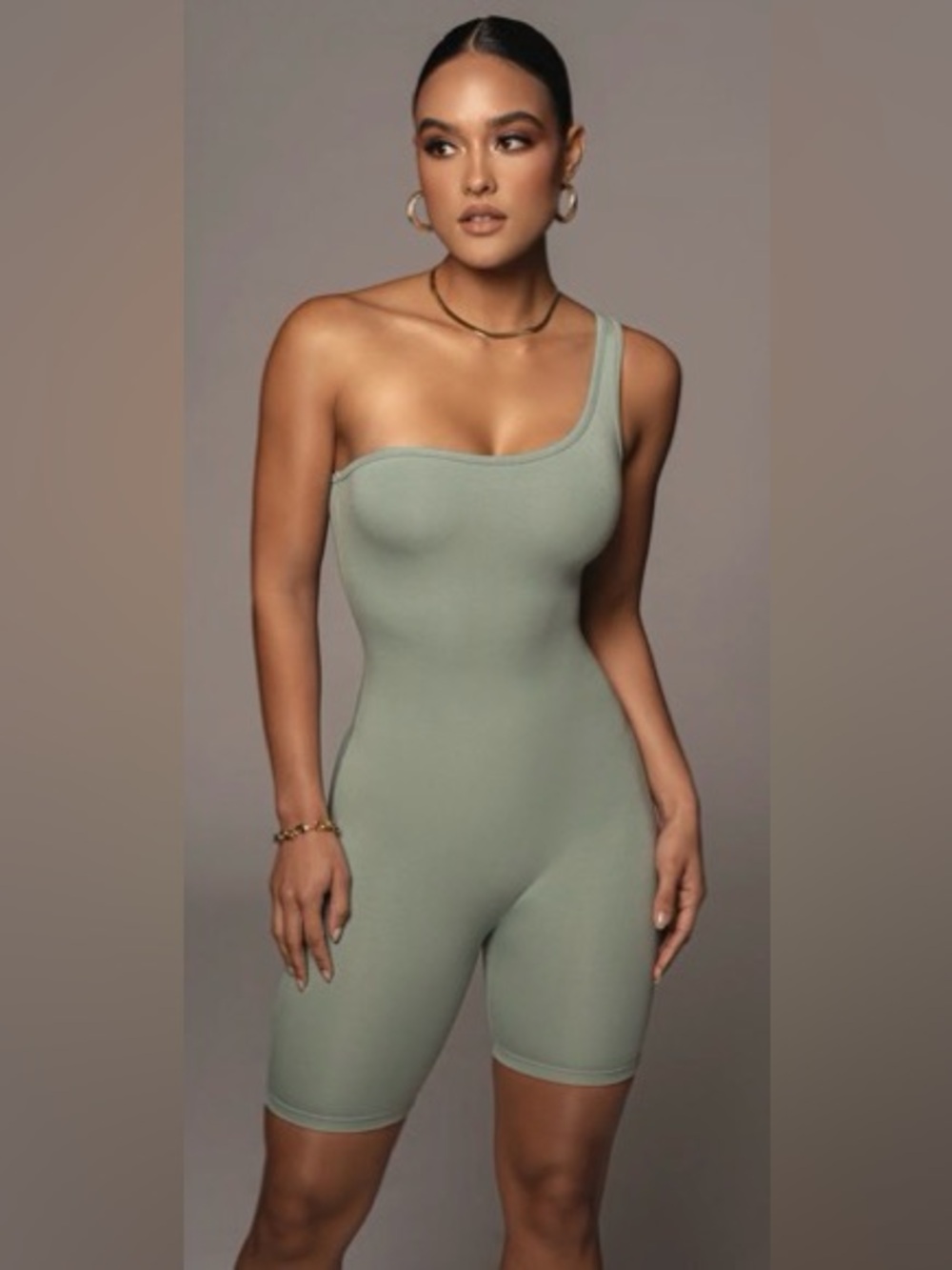 JLUXLABEL One-Shoulder Sage Green Fitted Romper